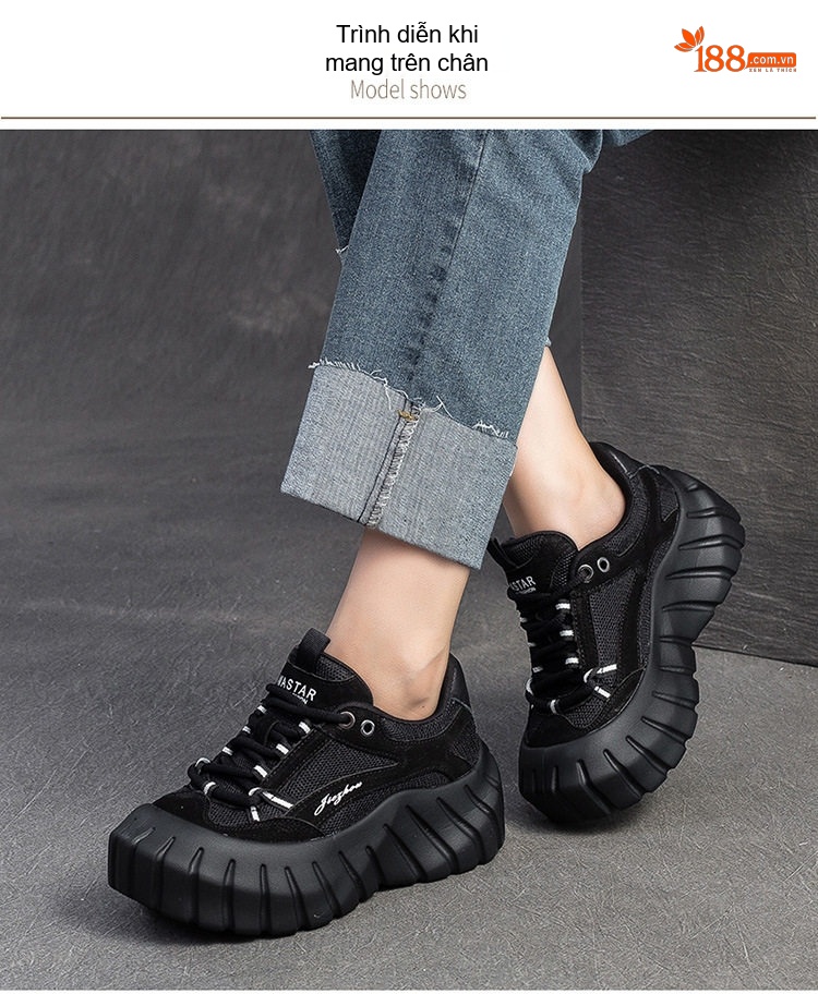 Giày Sneaker Nữ Lưới Thoáng Khí Đế Bánh Mì Chiều Cao Đế Khoảng 5cm Màu Đen, Đỏ, Xám chi tiết 8