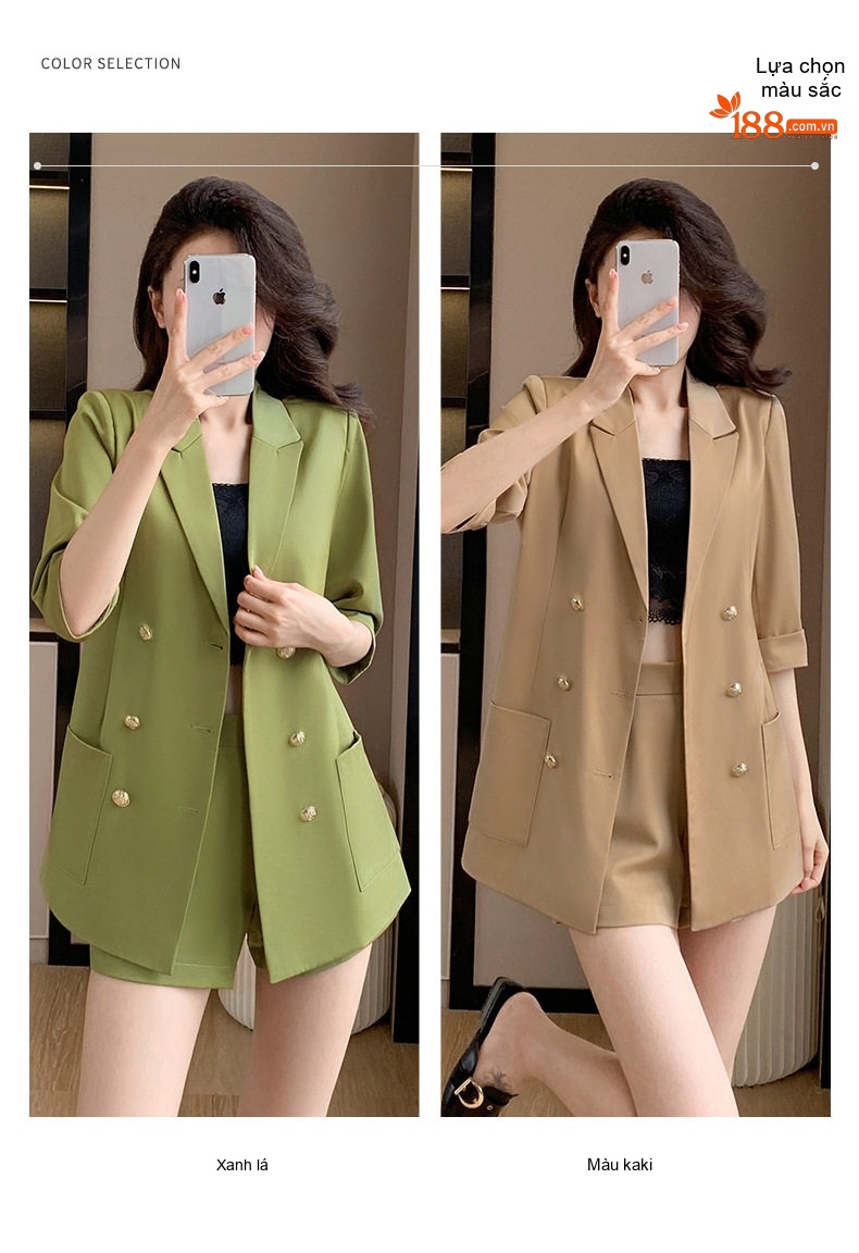 Bộ Vest Nữ Mùa Hè Áo Blazer Tay Lỡ Quần Short Ống Rộng Màu Xanh Lá, Kaki chi tiết 10