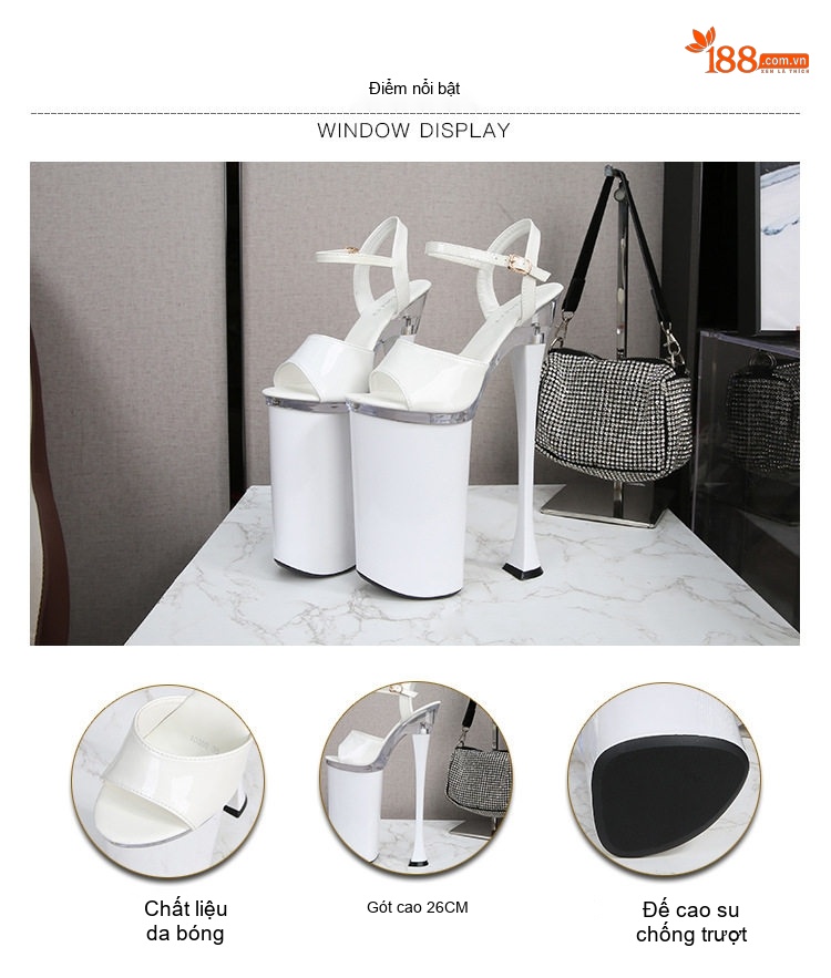 Giày Sandal Cao Gót Nữ Siêu Cao Gót 26cm Quai Mảnh Hở Ngón Da Bóng Màu Đen, Trắng, Đỏ chi tiết 3