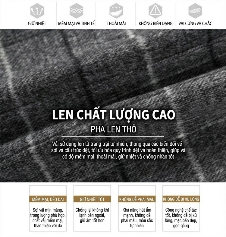 Áo Khoác Dạ Nam Dáng Dài Vừa Cổ chữ Vest Họa Tiết Kẻ Ô Màu Xám, Nâu chi tiết 3
