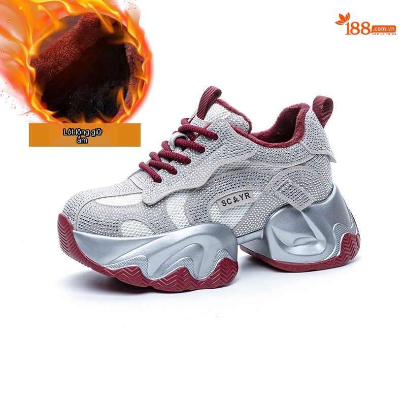 Giày Thể Thao Nữ Đính Đá Chiều Cao Đế Khoảng 5cm Phong Cách Ulzzang Màu Đen, Xám, Đỏ