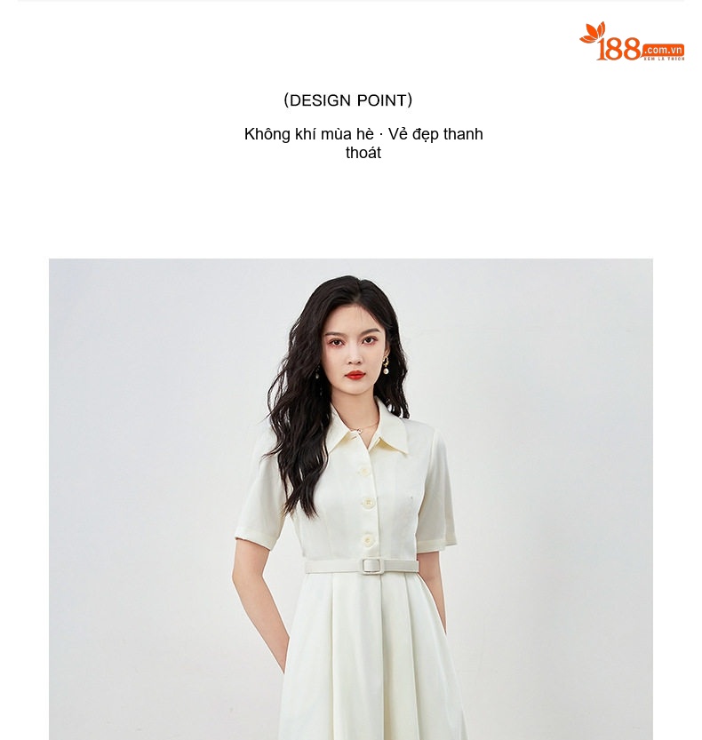 Đầm Midi Nữ Tay Ngắn Cổ Sơ Mi Thanh Lịch Tôn Dáng Màu Trắng Kem chi tiết 5