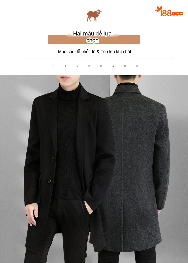 Áo Khoác Dạ Nam Dáng Dài Vừa Cổ chữ Vest Thủ Công Màu Đen, Xám chi tiết 11
