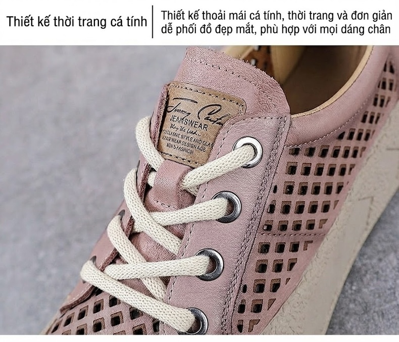Giày Búp Bê Nữ Da Bò Lỗ Thoáng Khí Đế Bằng Đế Cao 3cm - 4cm Màu Kem, Hồng chi tiết 7