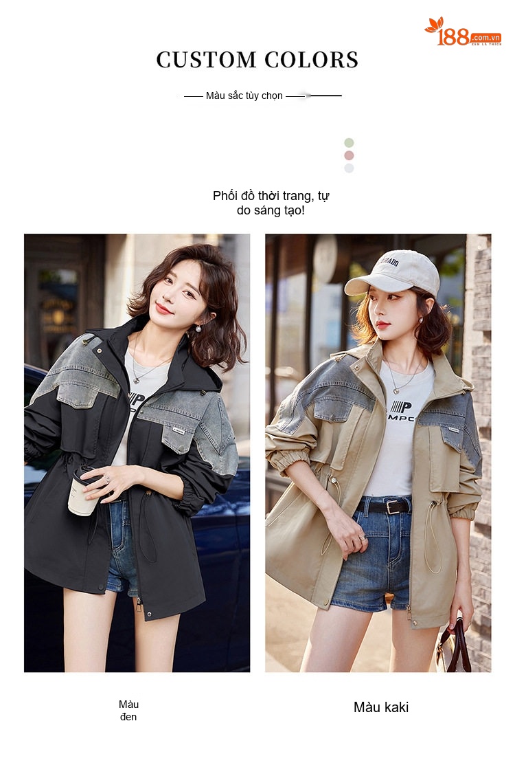 Áo Khoác Gió Nữ Ngắn Tay Lỡ Phối Jeans Dáng Nhỏ Có Mũ Rút Dây Màu Be, Đen, Xám chi tiết 19