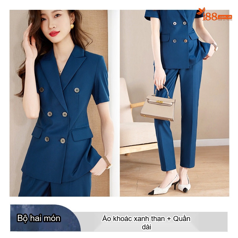 Bộ Vest Công Sở Nữ Tay Ngắn Mỏng Nhẹ Màu Xám, Xanh Than