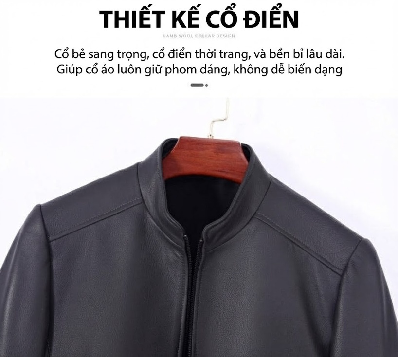 Áo Khoác Da Cừu Thật Nam Cổ Trụ Dáng Ôm Vừa Vặn Phong Cách Doanh Nhân Màu Đen chi tiết 4