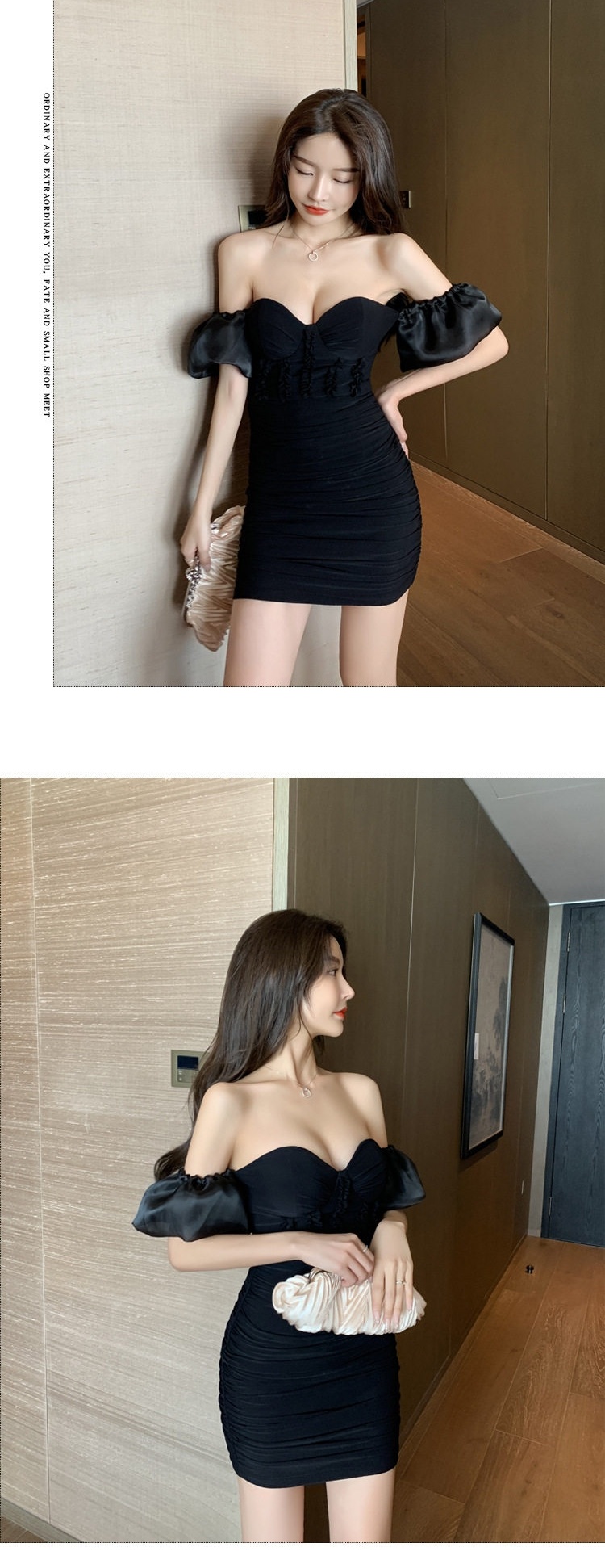 Váy Ôm Body Hở Vai Cổ Chữ U Tay Bồng Xẻ Lưng Dáng Ngắn Màu Đen chi tiết 5
