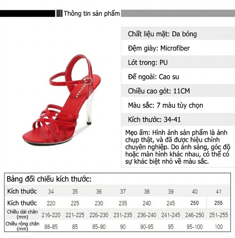 Giày Sandal Cao Gót Nữ Quai Chéo Gót Trong Suốt Gót Cao 11cm Màu Đen, Đỏ, Trắng, Hồng... chi tiết 2
