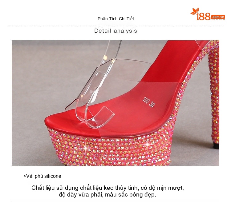Giày Sandal Cao Gót Nữ Quai Trong Đính Đá Gót Cao 13cm Màu Đỏ, Đen, Bạc, Xanh Lá... chi tiết 4