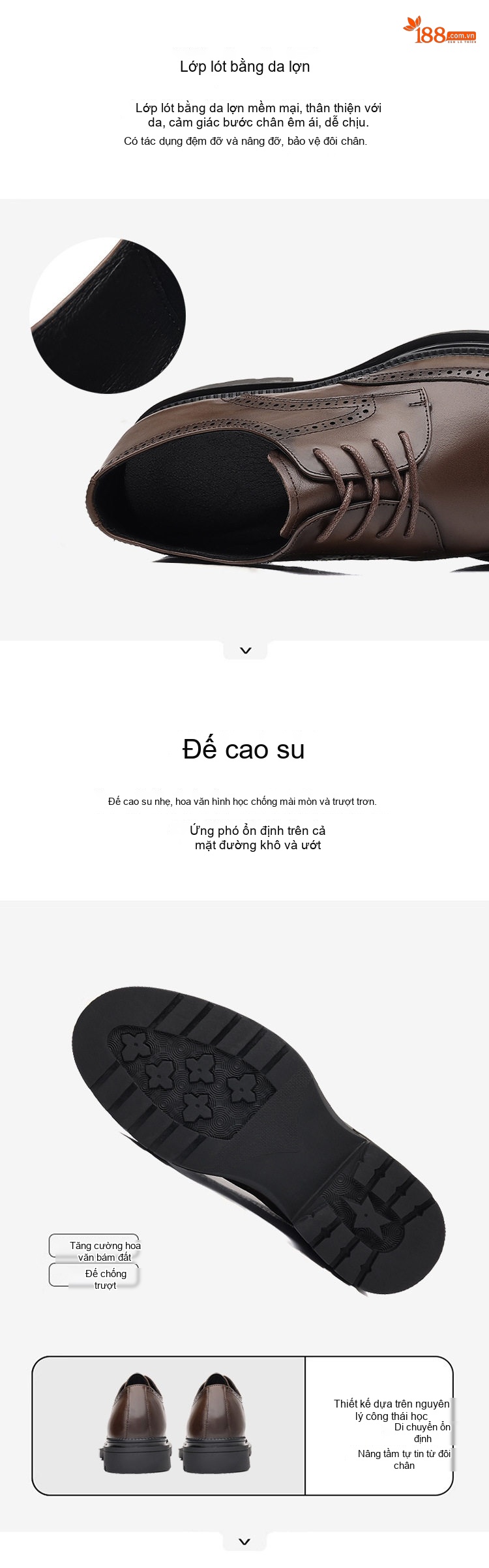 Giày Tây Buộc Dây Nam Da Thật Brogue Chiều Cao Đế Khoảng 3.5cm Màu Nâu, Đen chi tiết 4
