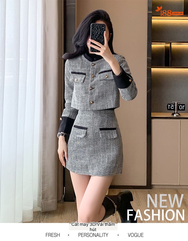 Set Áo Khoác Lửng và Chân Váy Ngắn Vải Tweed Phong Cách Tiểu Thư Màu Xám chi tiết 1