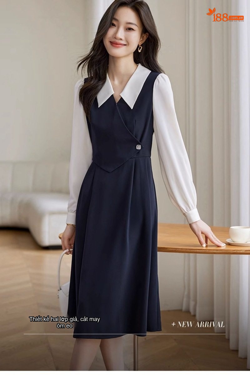 Váy liền thân Nữ dáng chữ A Thiết Kế Giả Hai Lớp Tay Dài Cổ Sơ Mi Thanh Lịch Màu Đen, Trắng chi tiết 11