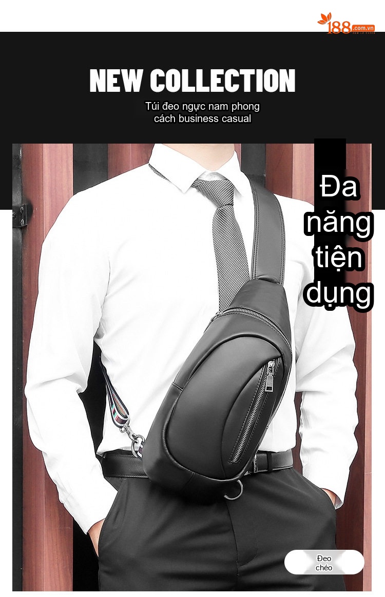 Túi Đeo Ngực Nam Da Bóng Chống Nước Dung Tích Lớn Màu Đen chi tiết 1