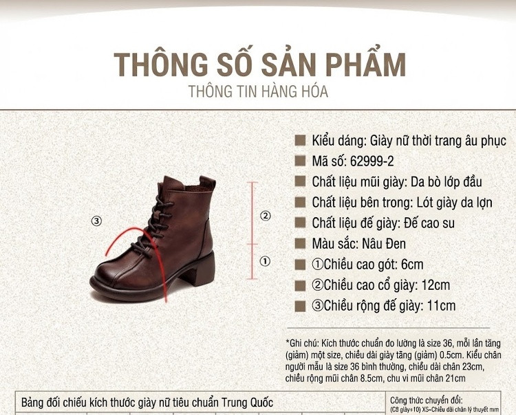 Boot Nữ Da Bò Lót Lông Giữ Ấm Mùa Đông Cổ Ngắn Chiều Cao Đế Khoảng 5cm Màu Nâu, Đen chi tiết 2