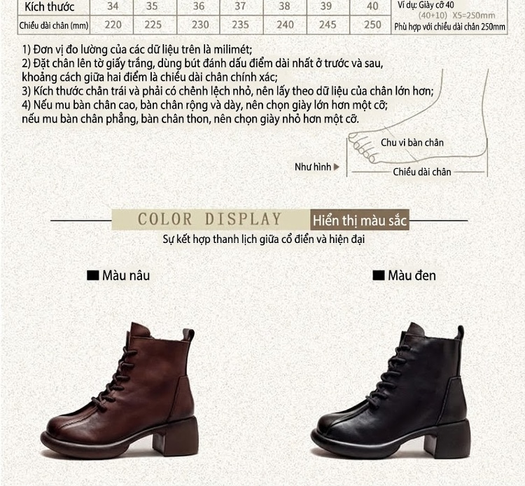 Boot Nữ Da Bò Lót Lông Giữ Ấm Mùa Đông Cổ Ngắn Chiều Cao Đế Khoảng 5cm Màu Nâu, Đen chi tiết 3