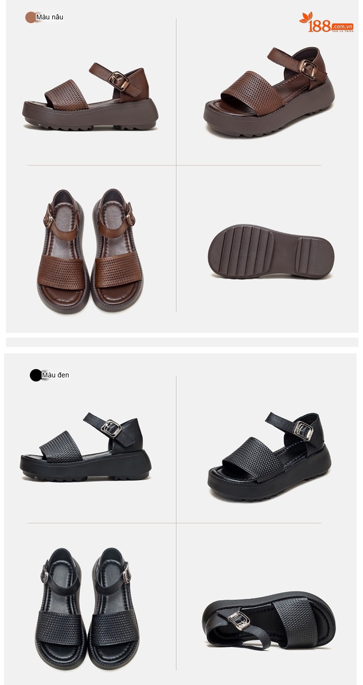 Dép Sandal Nữ Da Bò Hở Mũi Thoáng Khí Quai Hậu Khóa Cài Đế Cao 4cm - 5cm Màu Đen, Nâu, Kem chi tiết 16