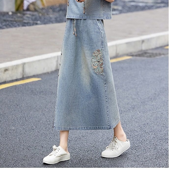 Set Bộ Quần Áo Nữ Phong Cách Trung Hoa Cổ Điển Áo Hoodie Tay Ngắn Chân Váy Jean Dáng Dài Thêu Họa Tiết chi tiết 23