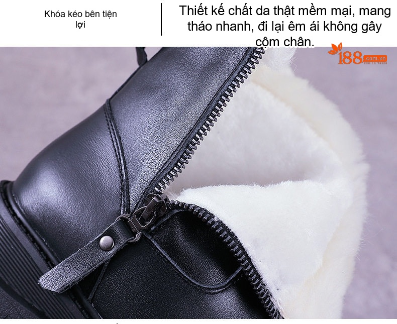 Boot Nữ Da Bóng Lót Lông Cừu Giữ Ấm Mùa Đông Chiều Cao Đế Khoảng 4cm Màu Đen chi tiết 8