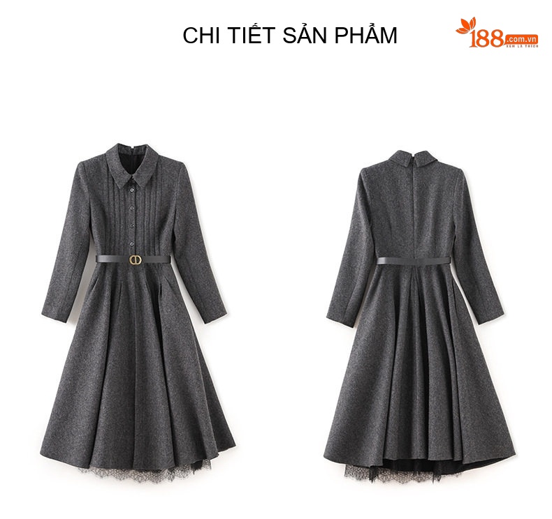 Váy liền thân Nữ Dáng Xòe Thu Đông Chất Liệu Len Lông Cừu Họa Tiết Xương Cá Eo Ôm Phong Cách Pháp Màu Xám chi tiết 16