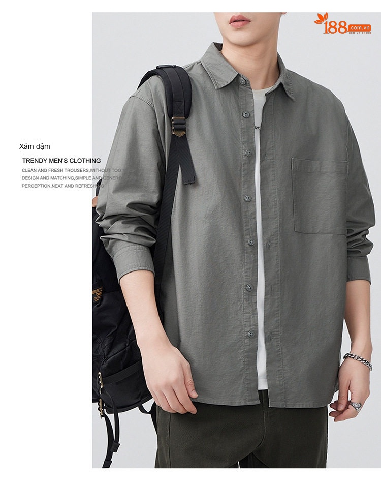 Áo Sơ Mi Nam Oxford Cotton Dáng Rộng Phong Cách Retro Màu Xám, Trắng, Nâu chi tiết 6