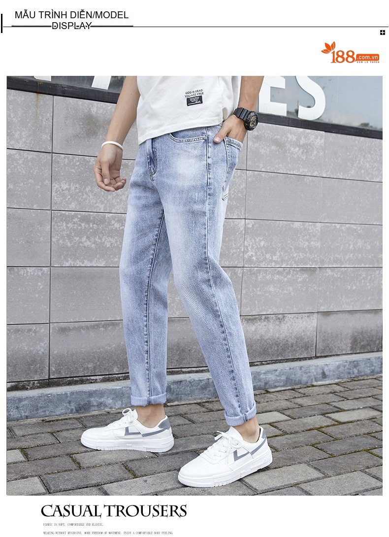 Quần Jean Nam Dáng Slim Fit Ống Lửng Phong Cách Casual Màu Xanh chi tiết 30