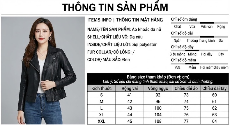 Áo Khoác Da Cừu Nữ Kiểu Moto Ngắn Ôm Dáng Màu Đen chi tiết 6