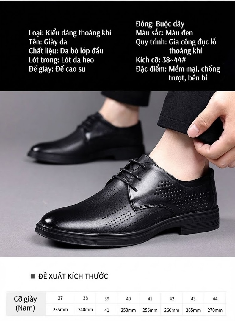 Giày Tây Buộc Dây Nam Da Thật Thoáng Khí Chiều Cao Đế Khoảng 3cm Màu Đen chi tiết 4
