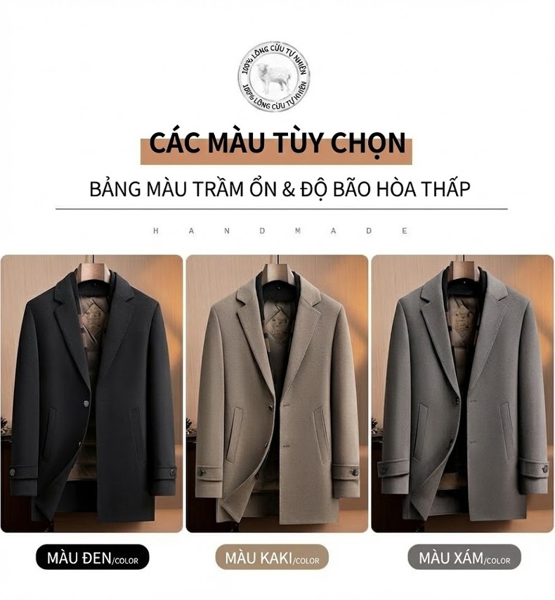 Áo Khoác Dạ Nam Lông Vũ Lót Lông Cừu Áo Khoác Len Dáng Dài Màu Xám, Đen chi tiết 17