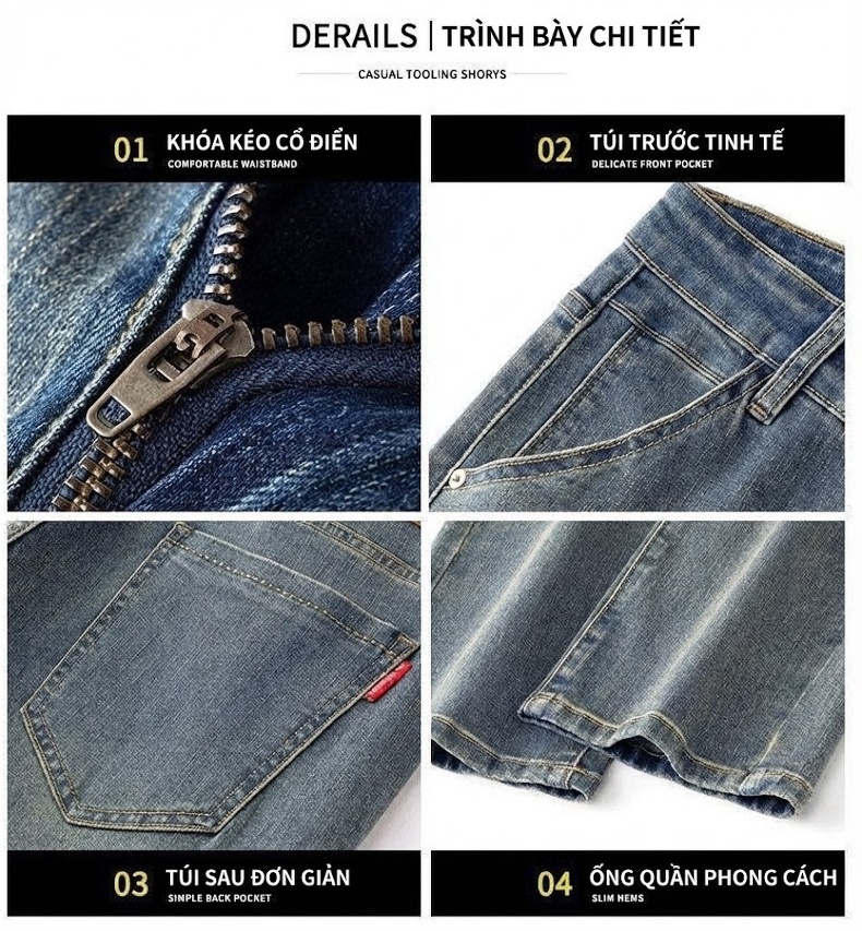 Quần Jean Nam Ống Suông Cotton Co Giãn Màu Xanh Vintage chi tiết 11