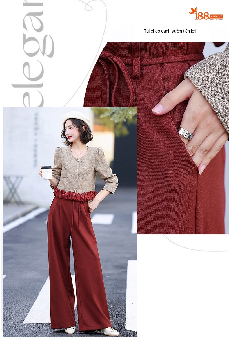 Set Bộ Tiểu Thư Áo Khoác Quần Ống Rộng Phong Cách Hàn Quốc Màu Nâu, Đỏ chi tiết 14
