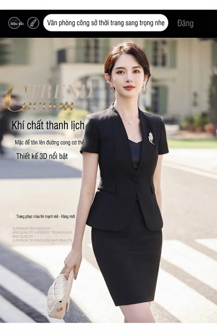 Set Bộ Vest Công Sở Nữ Tay Ngắn Quần/Chân Váy Màu Xanh, Đen, Trắng chi tiết 3