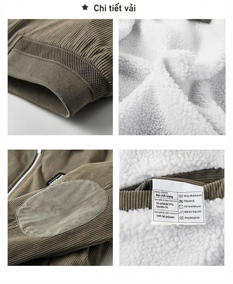 Áo Khoác Cotton Nam Lót Lông Cổ Lông Cừu Form Rộng Màu Nâu, Đen, Xám chi tiết 14