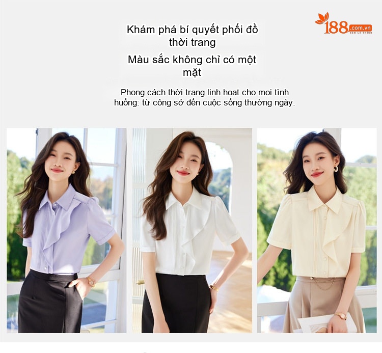 Áo Sơ Mi Tay Ngắn Cổ Bèo Nhún Phong Cách Nữ Tính Chất Liệu Voan Màu Trắng, Tím Khói, Vàng Be chi tiết 7