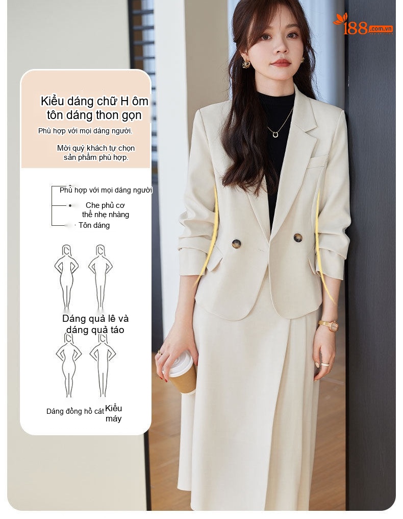 Bộ Vest Nữ Áo Blazer Quần Ống Rộng Công Sở Màu Trắng Kem, Đen, Nâu chi tiết 8