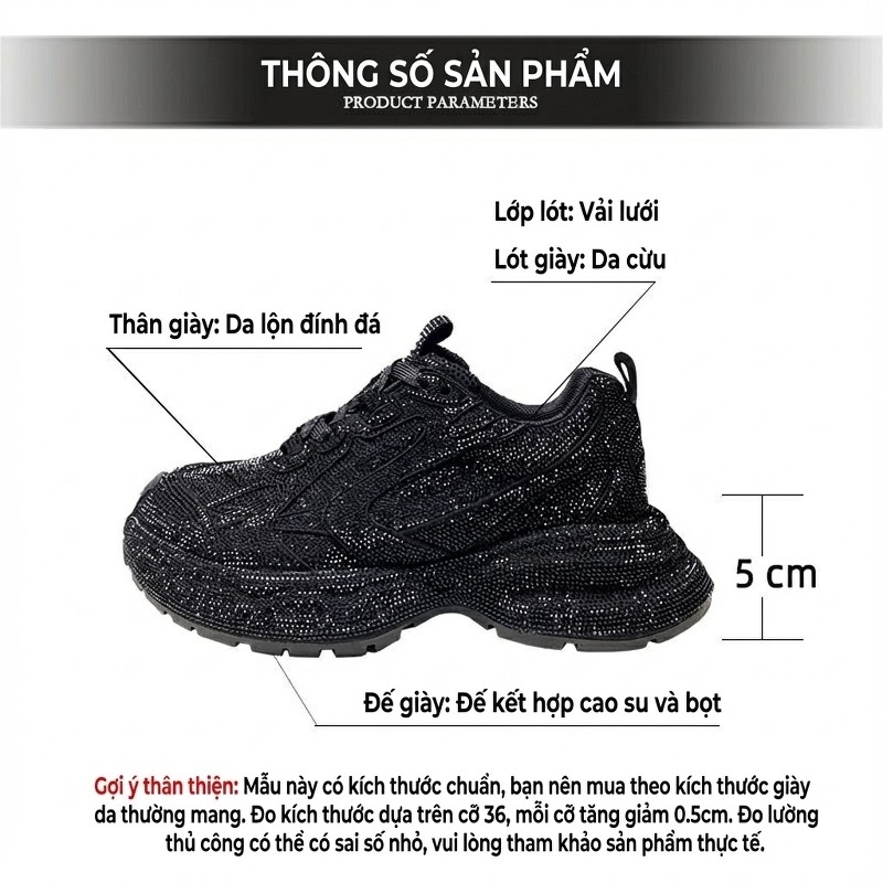 Giày Thể Thao Nữ Da Lộn Đính Đá Chiều Cao Đế 5cm Màu Đen, Trắng