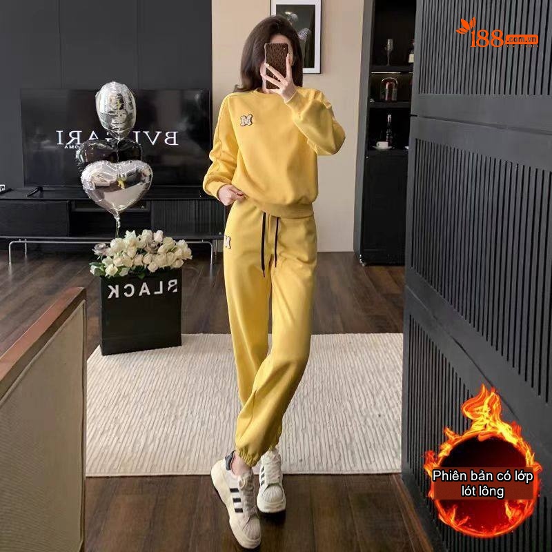 Bộ đồ thể thao nữ thu đông dáng rộng áo hoodie lót lông quần jogger
