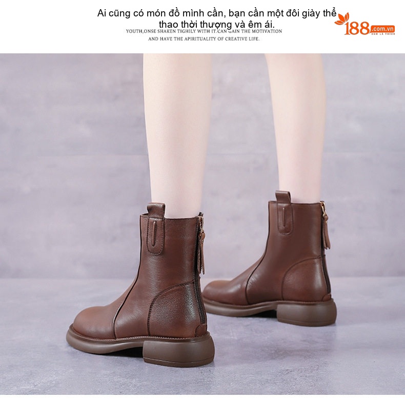 Boot Chelsea Nữ Da Bò Chiều Cao Đế Khoảng 3cm Màu Đen, Nâu chi tiết 16