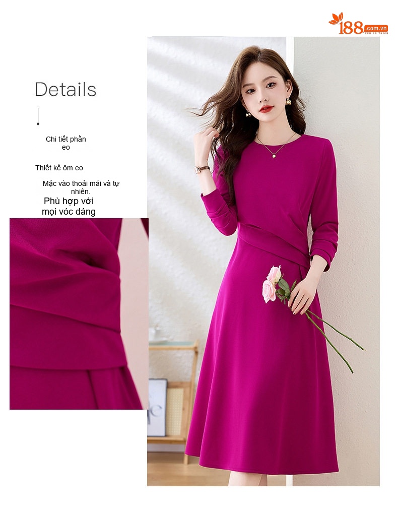 Váy Đầm Nữ Tay Dài dáng chữ A Che Bụng Tôn Dáng Thanh Lịch Màu Hồng Tím chi tiết 9