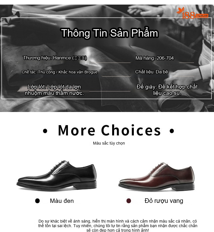 Giày Tây Buộc Dây Nam Da Bò Mũi Nhọn Brogue Chiều Cao Đế Khoảng 3cm Màu Đen, Đỏ Rượu chi tiết 6