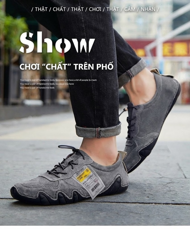 Giày Mọi Nam Da Mờ Thoáng Khí Đế Bệt Chiều Cao Đế Khoảng 2cm Màu Xám, Kem chi tiết 1