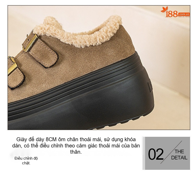 Giày Búp Bê Nữ Da Mờ Quai Dán Chiều Cao Đế 8cm Lót Lông Màu Đen, Nâu chi tiết 11