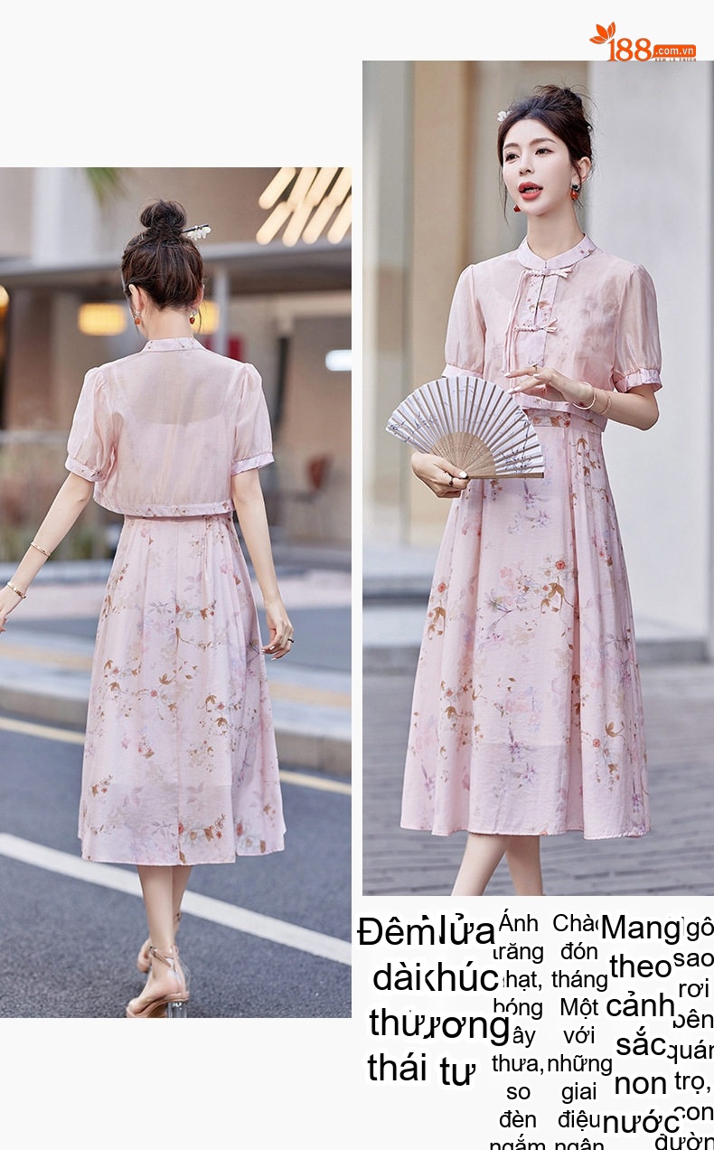 Váy Bộ Quốc Phong Trung Hoa Cách Tân Nữ Thiết Kế Khóa Cài Thanh Lịch Phong Cách Nhỏ Nhắn Màu Trắng, Hồng chi tiết 21