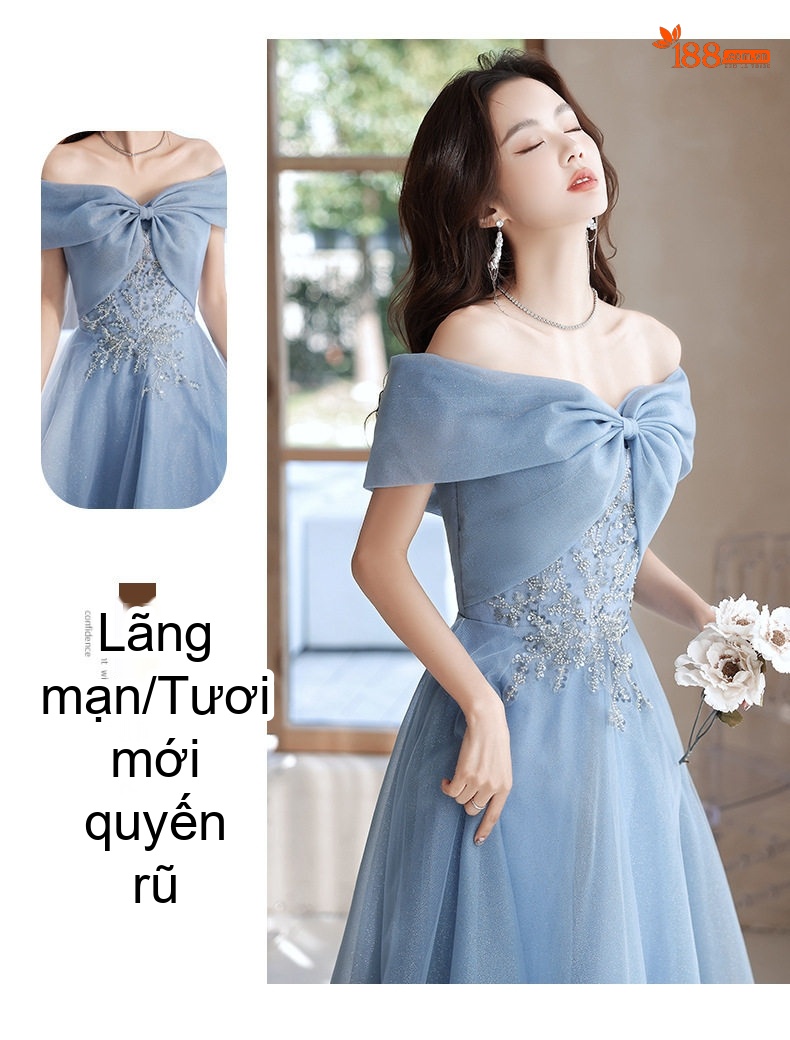 Váy Dạ Hội Hở Vai dáng chữ A Chiều Dài Midi Màu Xanh, Đen chi tiết 9