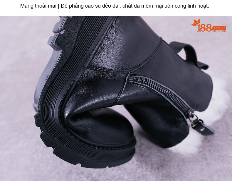 Boot Nữ Da Bóng Lót Lông Cừu Giữ Ấm Mùa Đông Chiều Cao Đế Khoảng 4cm Màu Đen chi tiết 10