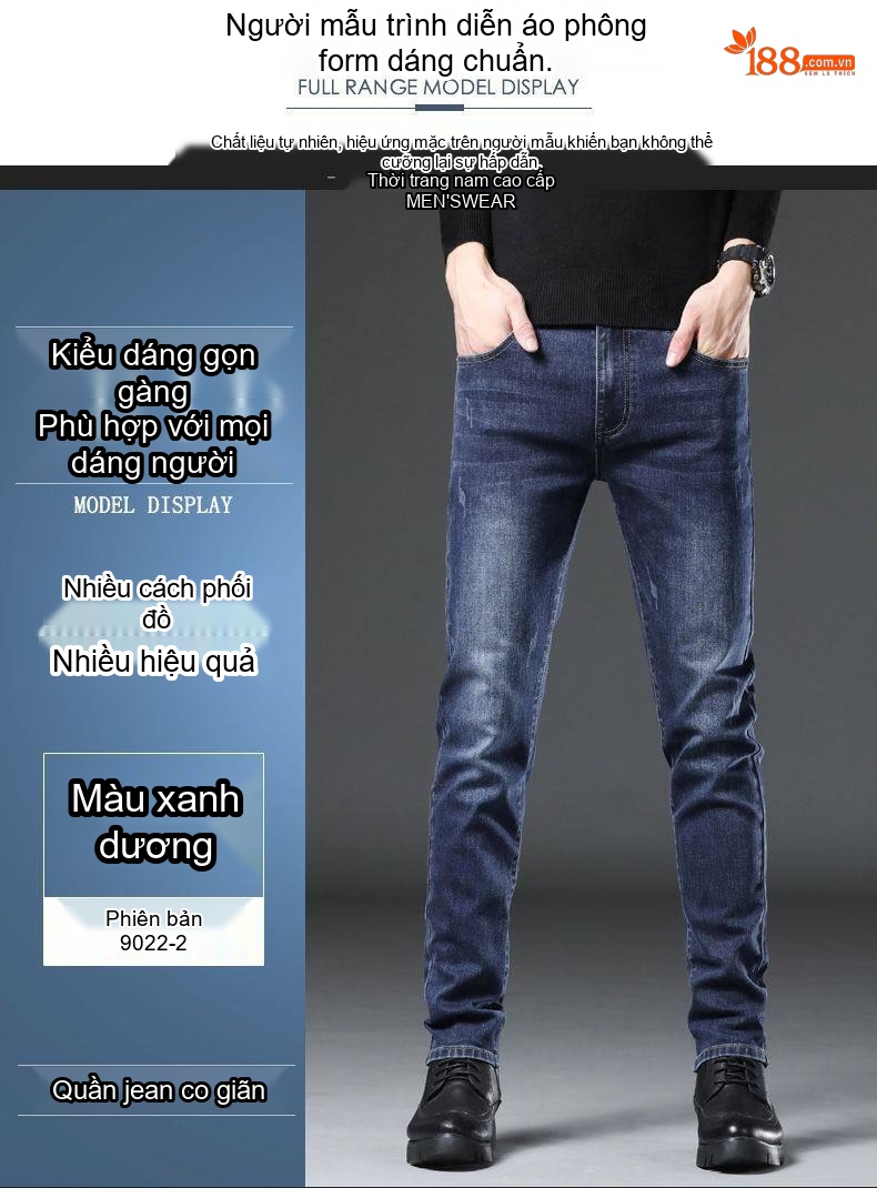Quần Jean Nam Dáng Ôm Vừa Vặn Co Giãn Nhẹ Màu Xanh Đậm chi tiết 10