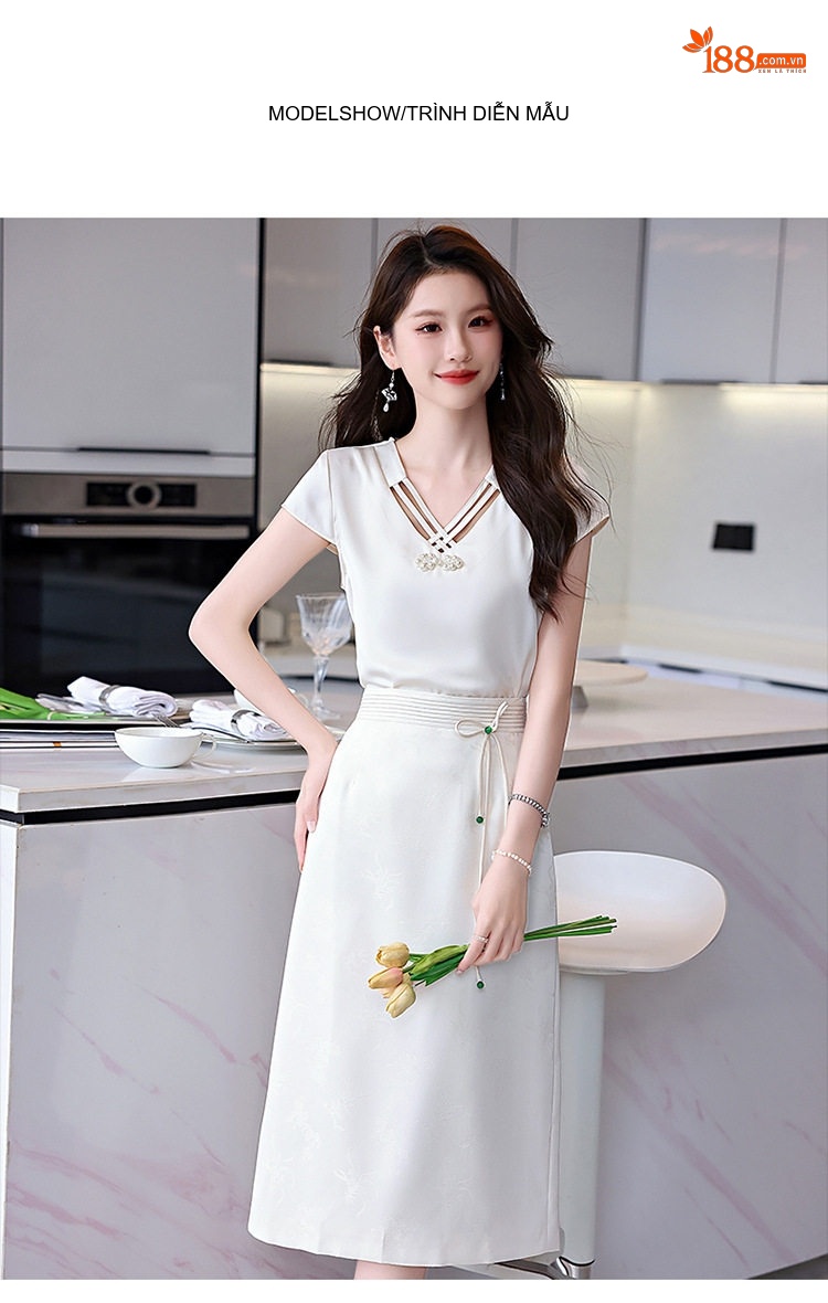 Set Bộ Áo và Chân Váy Chữ A Phong Cách Tân Cổ Điển Màu Đen, Trắng, Hồng chi tiết 13