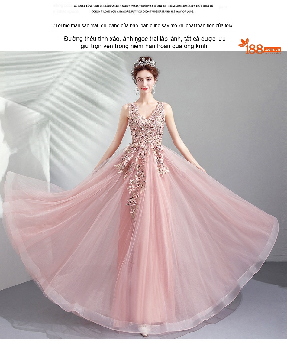 Váy Dạ Hội Nữ Cổ chữ V Vải Voan Màu Hồng Nude chi tiết 3