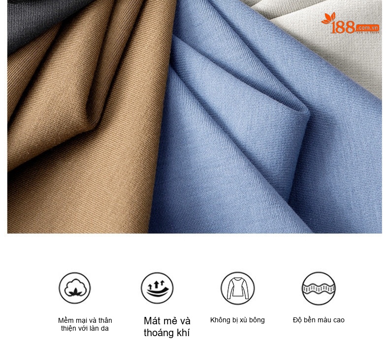 Áo Thun Dài Tay Nam Cotton Lụa Xử Lý Amoniac Màu Trắng, Kem, Nâu, Đen chi tiết 4