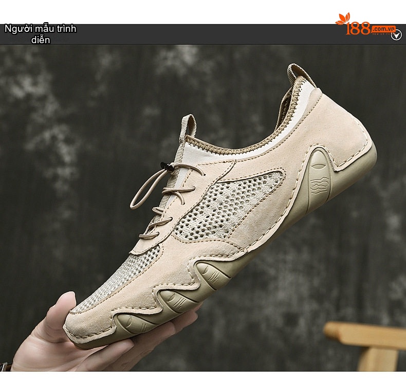 Giày Mọi Nam Vải Lưới Thoáng Khí Da Mờ Chiều Cao Đế Khoảng 3cm Màu Kem, Đen, Xám chi tiết 7